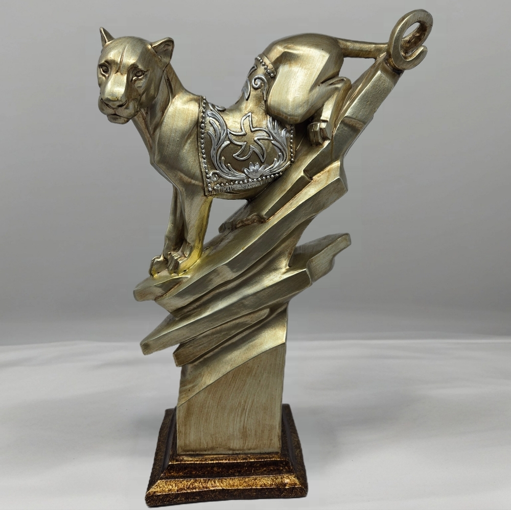 Ceramic Golden Panther Statue On Rocks With Decorative Blanket On Back Pedestal